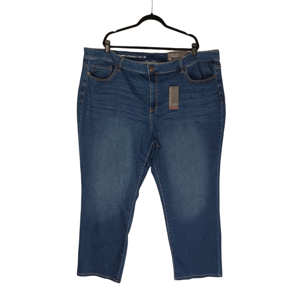 AVENUE DENIM Butter Straight Leg 5 Pocket Knit Denim Button Blue Jeans 30 NWT